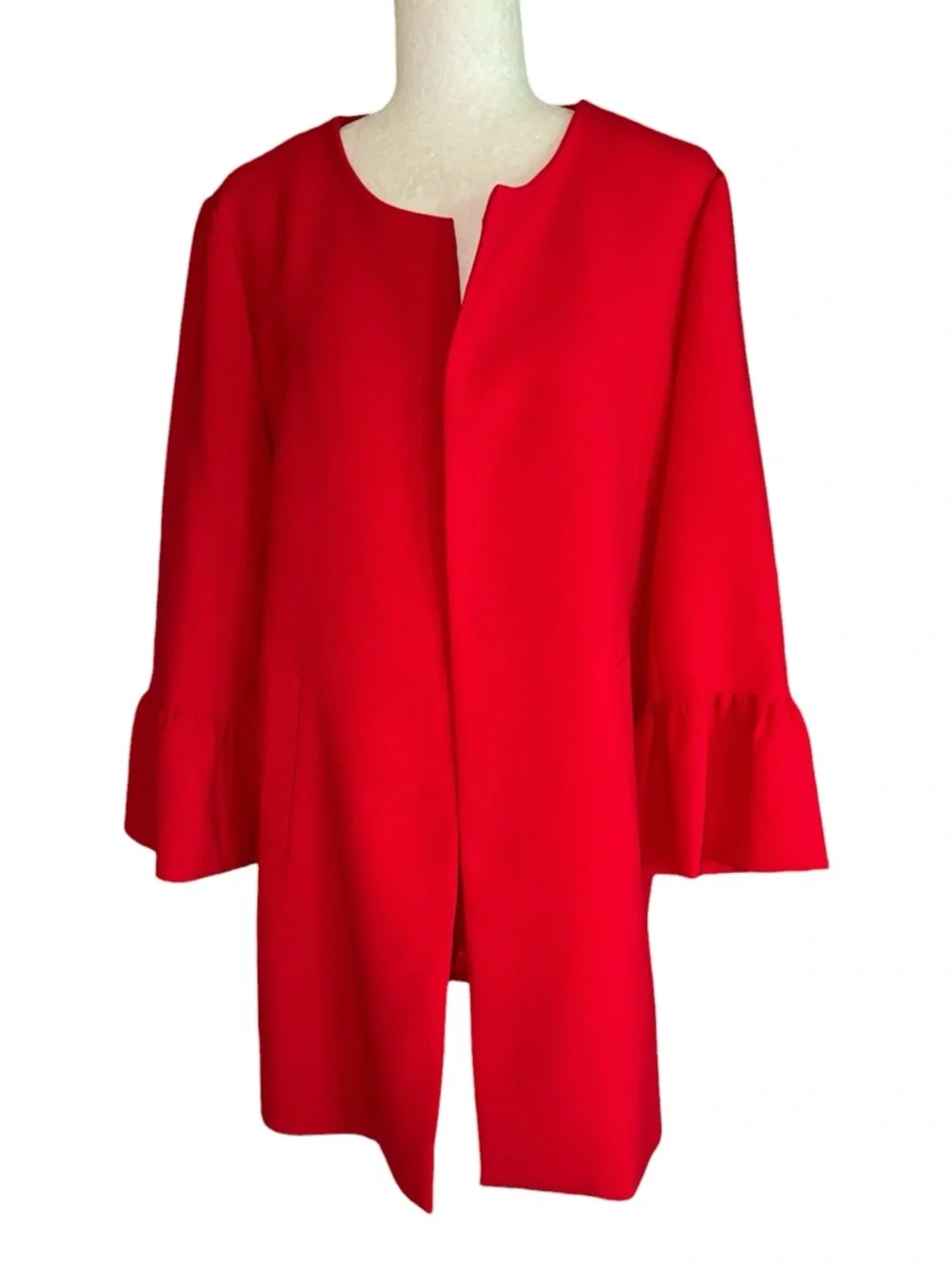NEW Patty Kim Kelly Red Ruffle Sleeve Open Front Jacket Coat - l